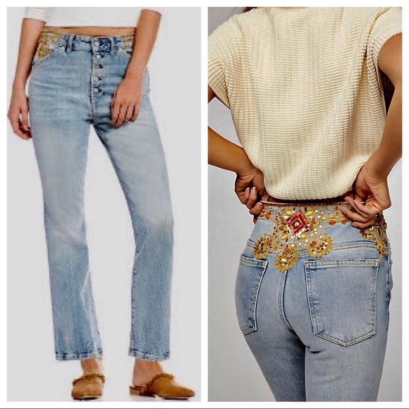 We The Free Denim - WE THE FREE BLUE EMBELLISHED CROP JEANS